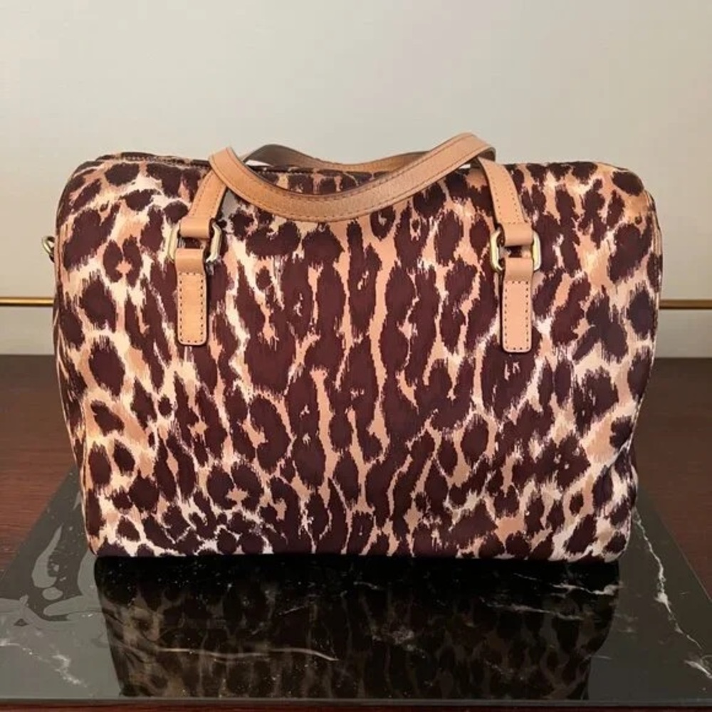 kate spade Brown and Tan Leopard-Print Bow Satchel - Picture 2 of 5